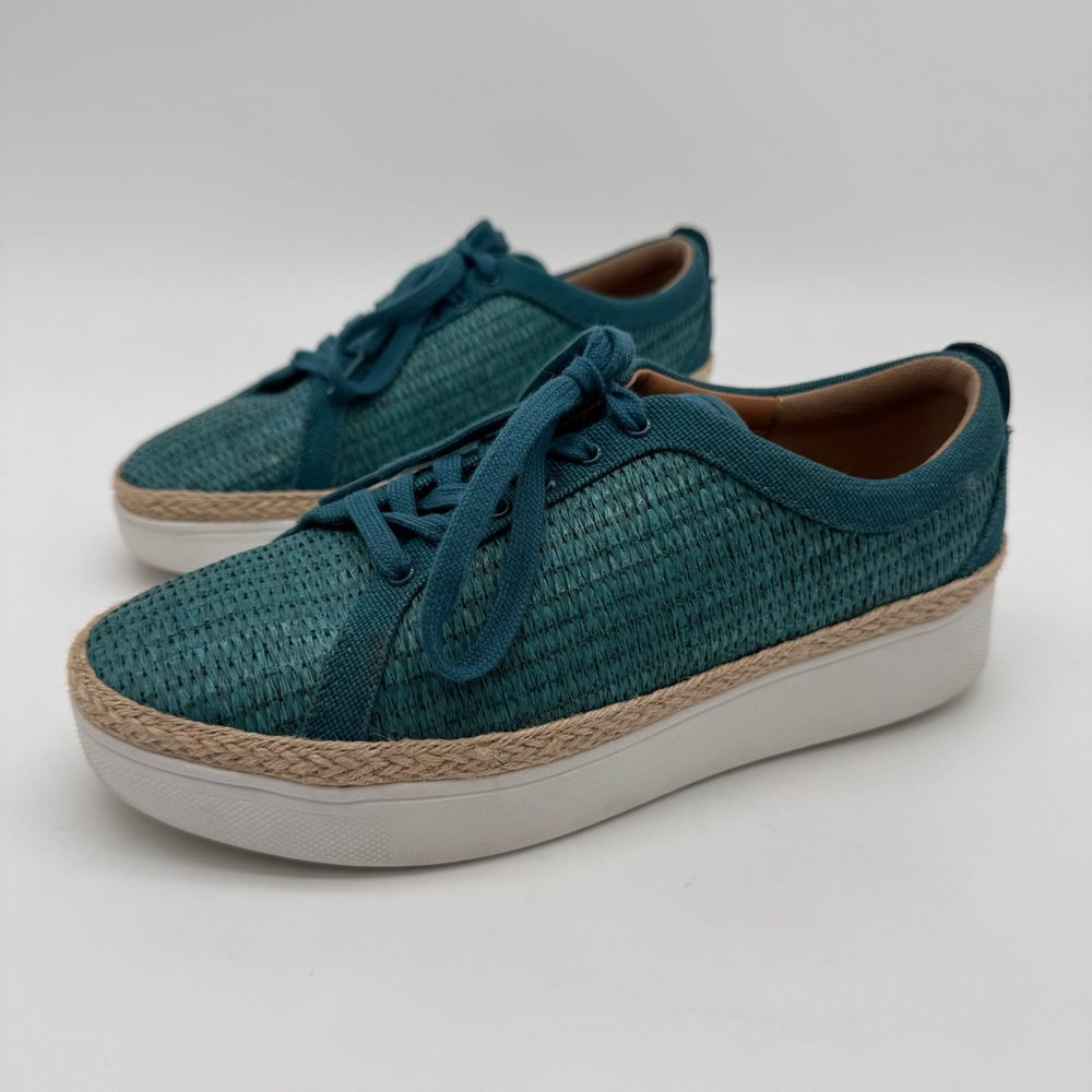 Fitflop Rally Teal Basket Weave Raffia Lace Up Sneaker Size 6.5